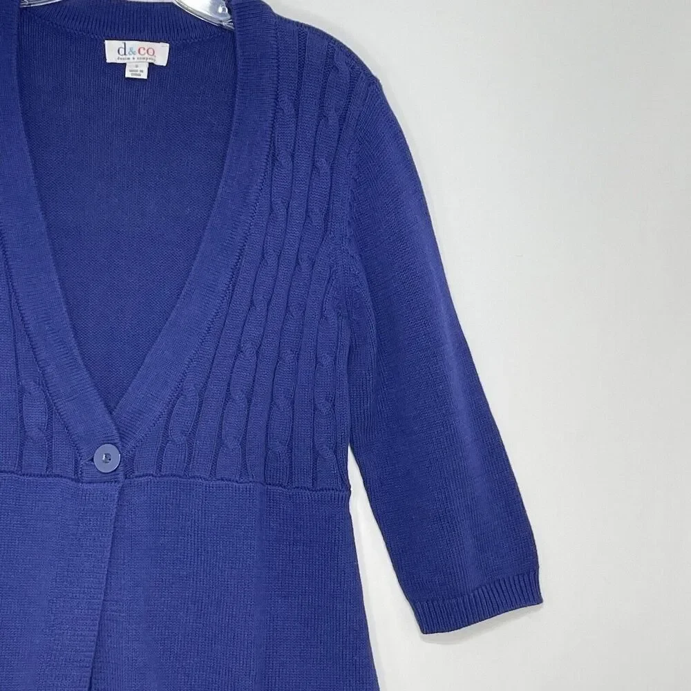 D&Co Women’s Small Cable Knit Sweater Cardigan Navy Blue One Button 3/4 Sleeve